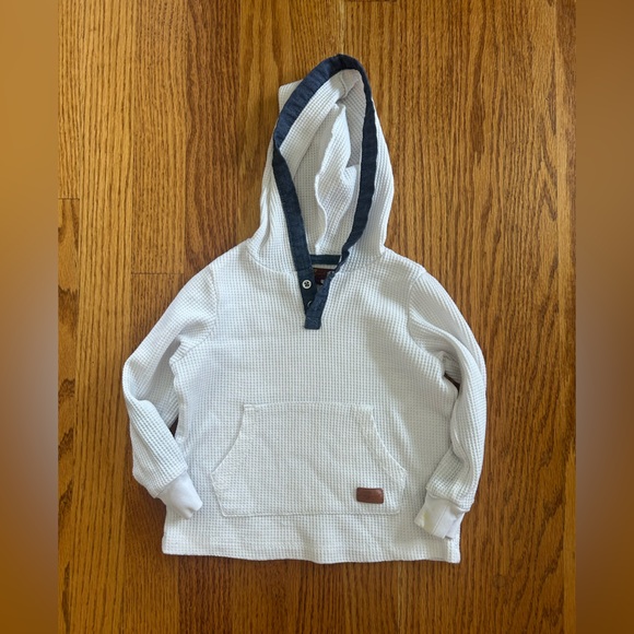 White Hooded Sweater with Denim Accents - Picture 1 of 2